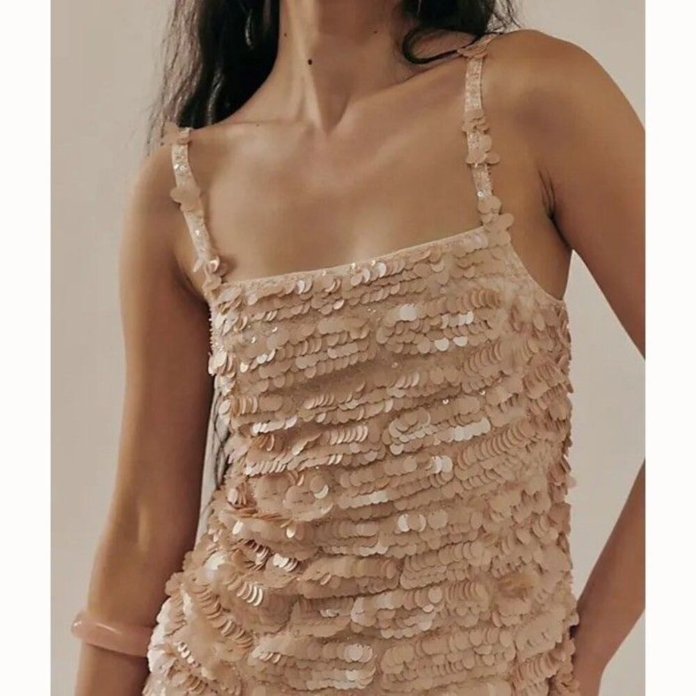 Free People Sequin Porter Embellished Beaded Tank Blouse Top Peach XS 291306